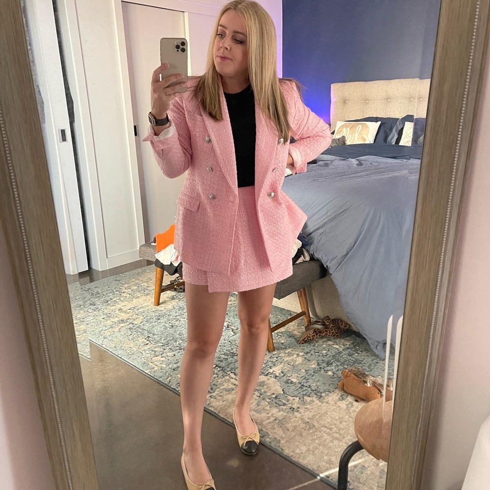 Chic Pink Blazer and Skort Set